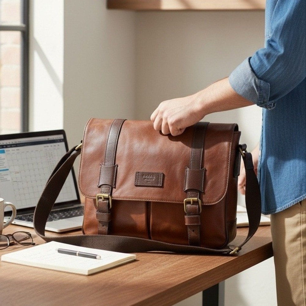 Fossil Estate Messenger Bag Cognac Brown Leather Crossbody Satchel Brass Tone